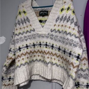 American Eagle Outfitters Patterned V-Neck Sweater - Cream, Gray, Brown, Yellow